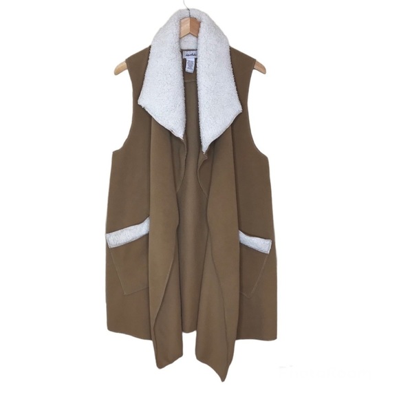 Le Moda Sz ?? Open Front Fleece Fly Away Vest Faux Fur Collar Pockets Brown‎ - Picture 1 of 9